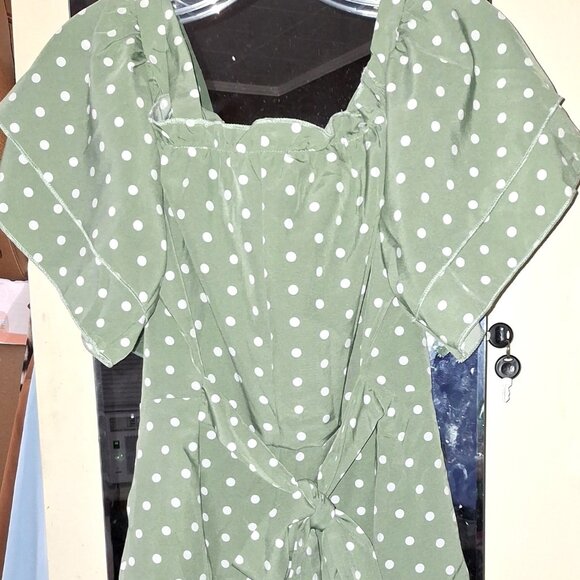Green OFF SHOULDER Polka Dot Button-Up Blouse Sz 14W New , Free Shipping - Picture 2 of 5